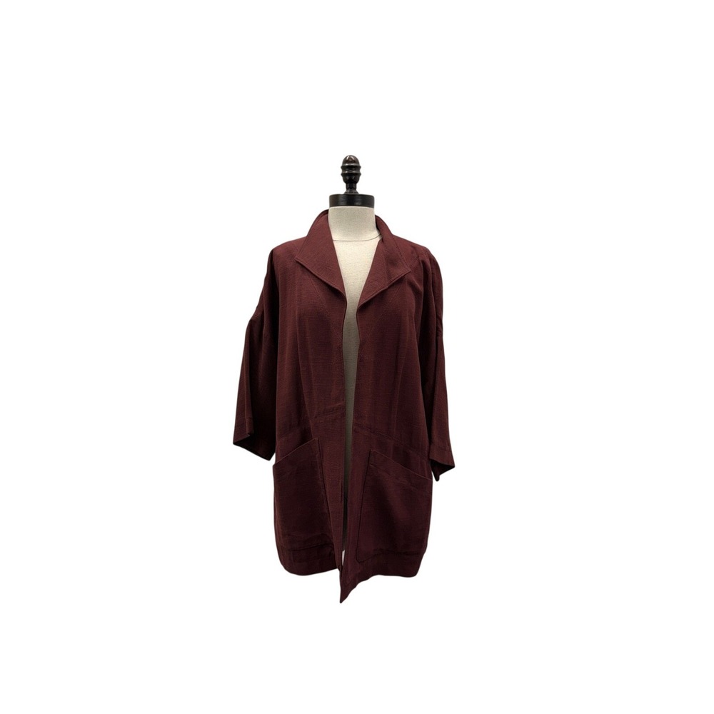 Worth New York Cardigan Jacket Women Size L Burgundy Linen Blend Open Front